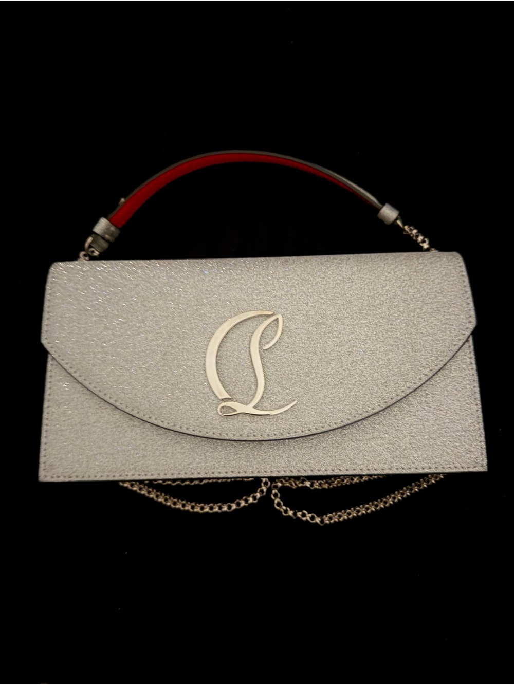 CHRISTIAN LOUBOUTIN
Silver Glitter Chain Clutch with CL Accent